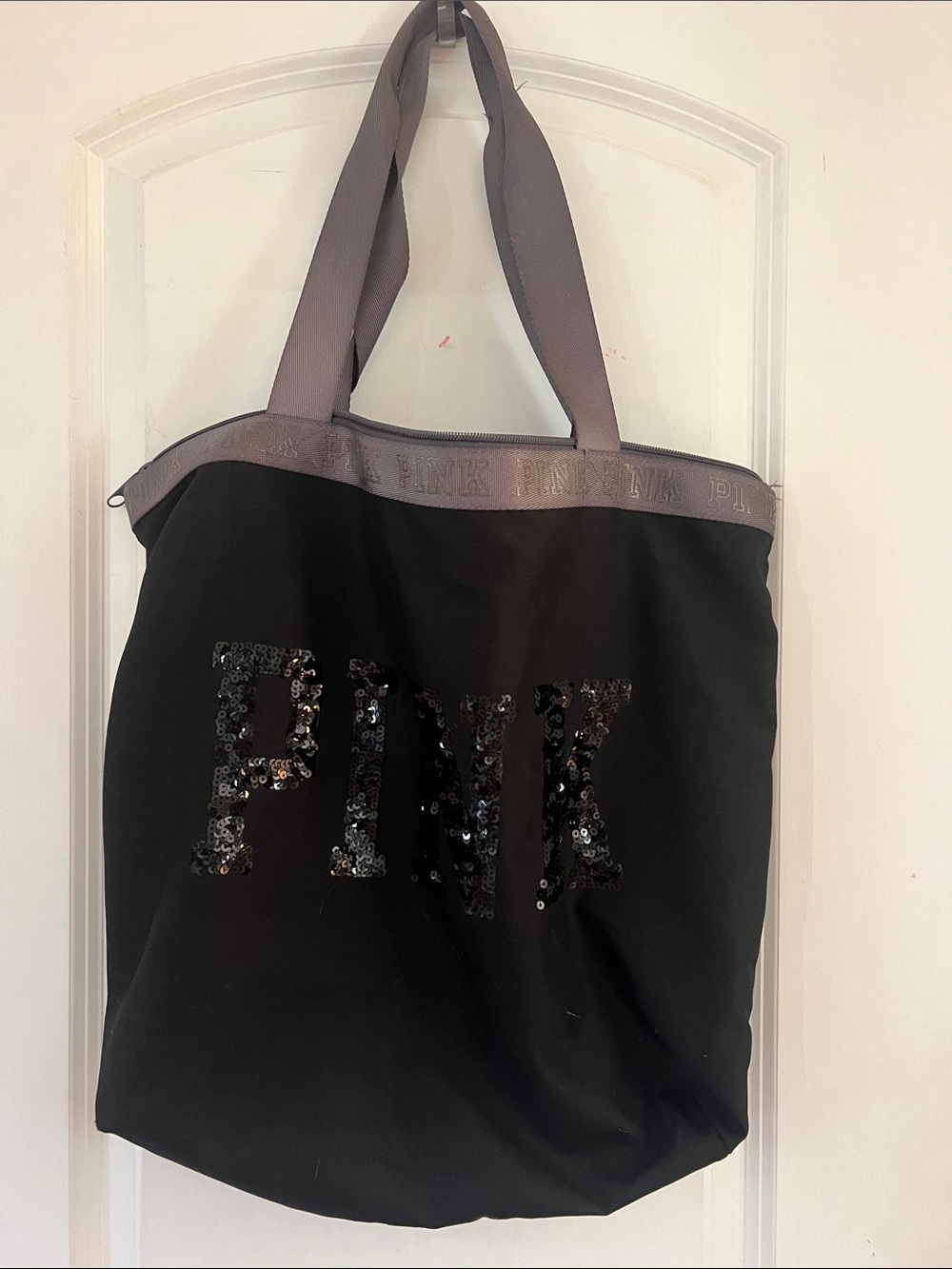 PINK Victoria's Secret Black Tote with Gray Trim and Sequin PINK Logo